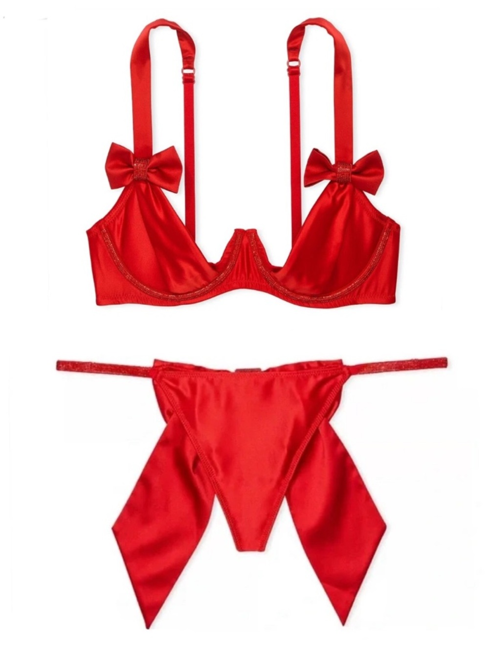 Victoria’s Secret Dream Angle’s twinkle strap open cup bra and bow back thong L